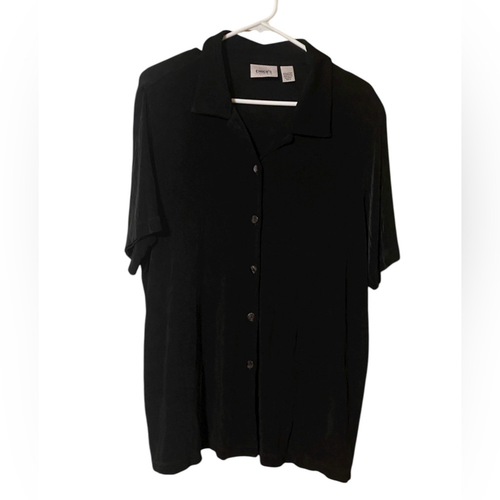 Vintage Chicos Travelers Button Up Top Women's XL Black Short Sleeve Classic